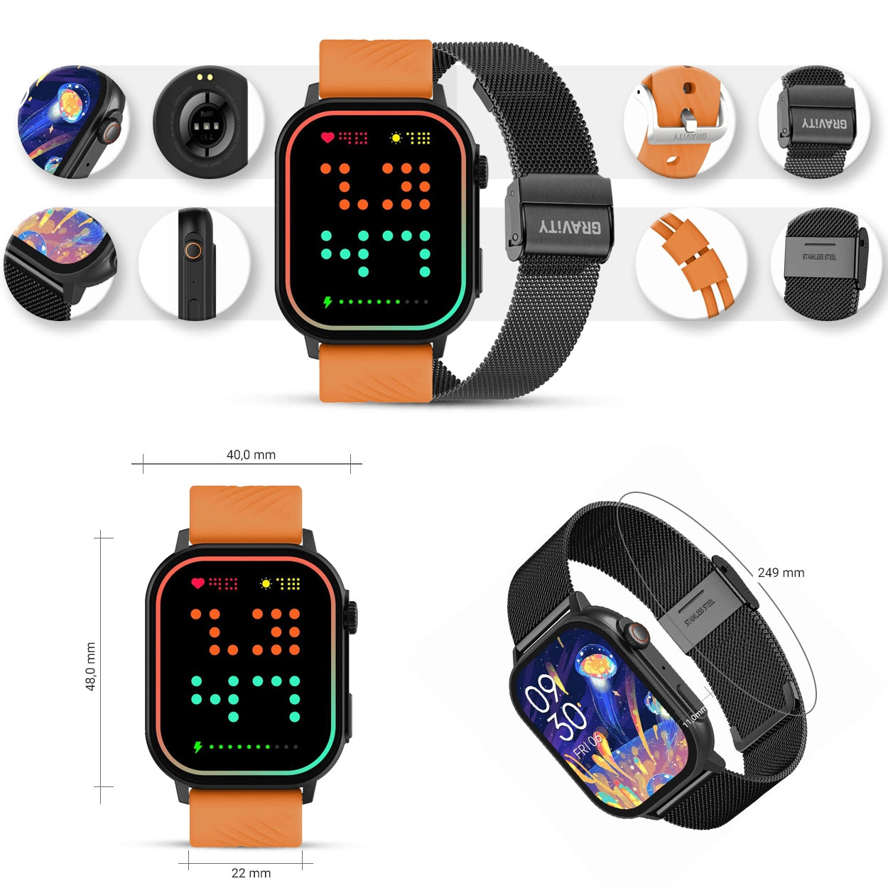 Smartwatch Gravity GT15-2 Pomarańczowy Pasek Silikonowy + Czarna Bransoleta – zdjęcie 11