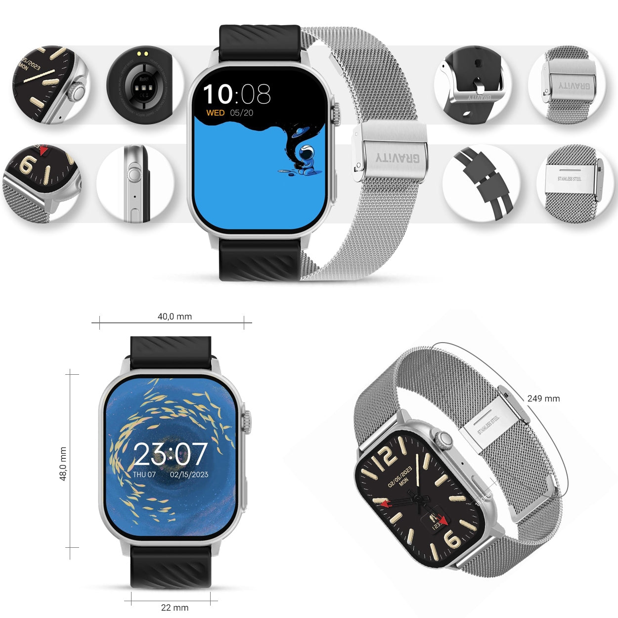 Smartwatch Gravity GT15-9 Czarny Pasek Silikonowy + Srebrna Bransoleta – zdjęcie 10