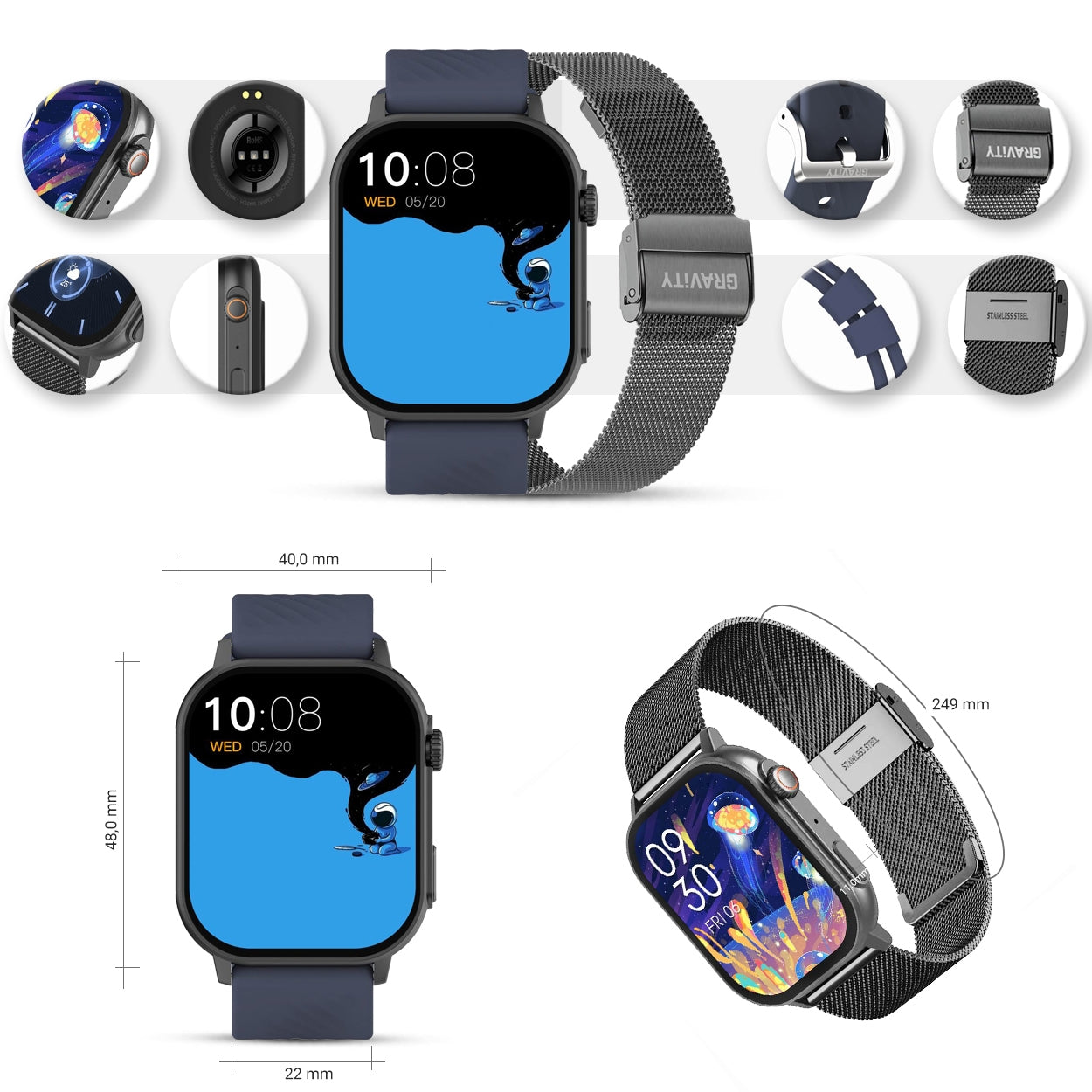 Smartwatch Gravity GT15-4 Niebieski Pasek Silikonowy + Tytanowa Bransoleta – zdjęcie 11