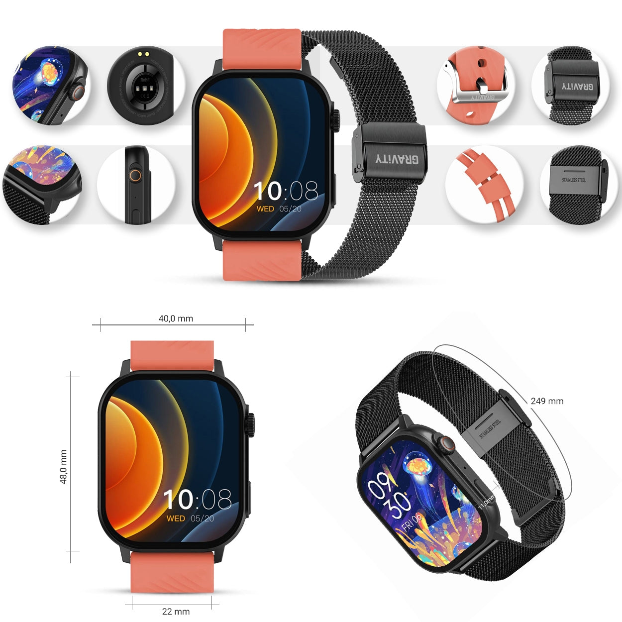 Smartwatch Gravity GT15-3 Czerwony Pasek Silikonowy + Czarna Bransoleta – zdjęcie 11