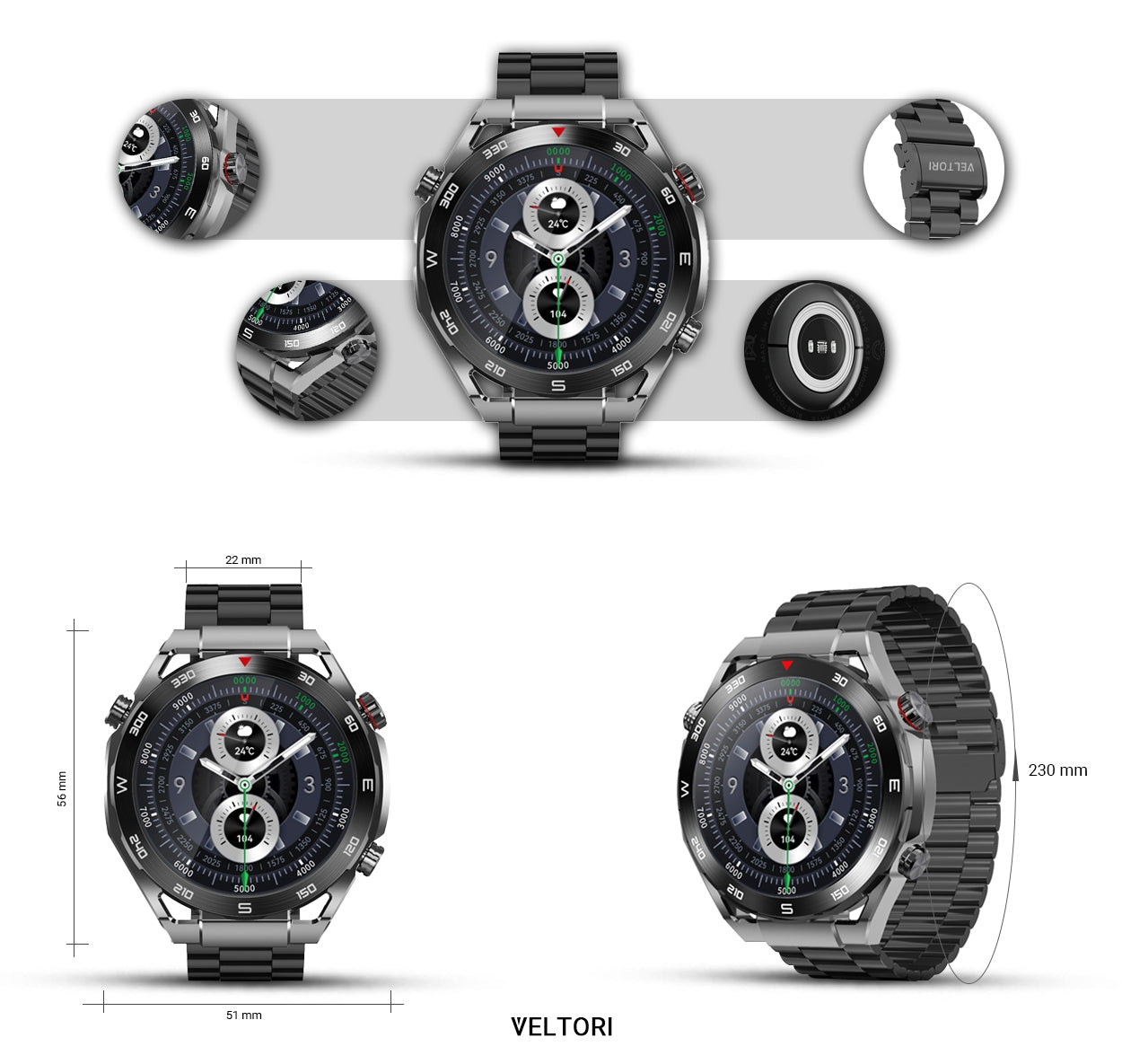 Smartwatch VELTORI VT100-1 + Czarny Pasek Silikonowy + Czarny Eko Skóra – zdjęcie 11