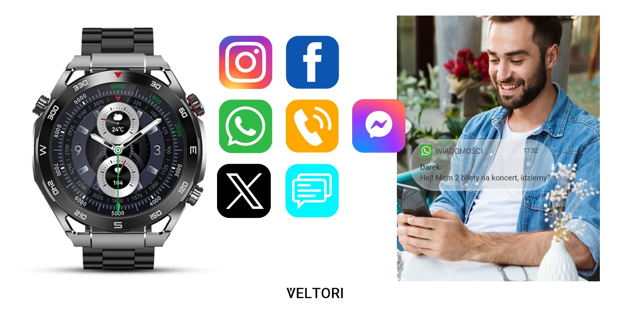 Smartwatch VELTORI VT100-1 + Czarny Pasek Silikonowy + Czarny Eko Skóra – zdjęcie 16
