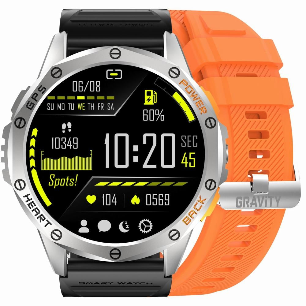 Smartwatch Męski GRAVITY GPS GT24-4 Czarny Pasek Silikonowy + Pomarańczowy