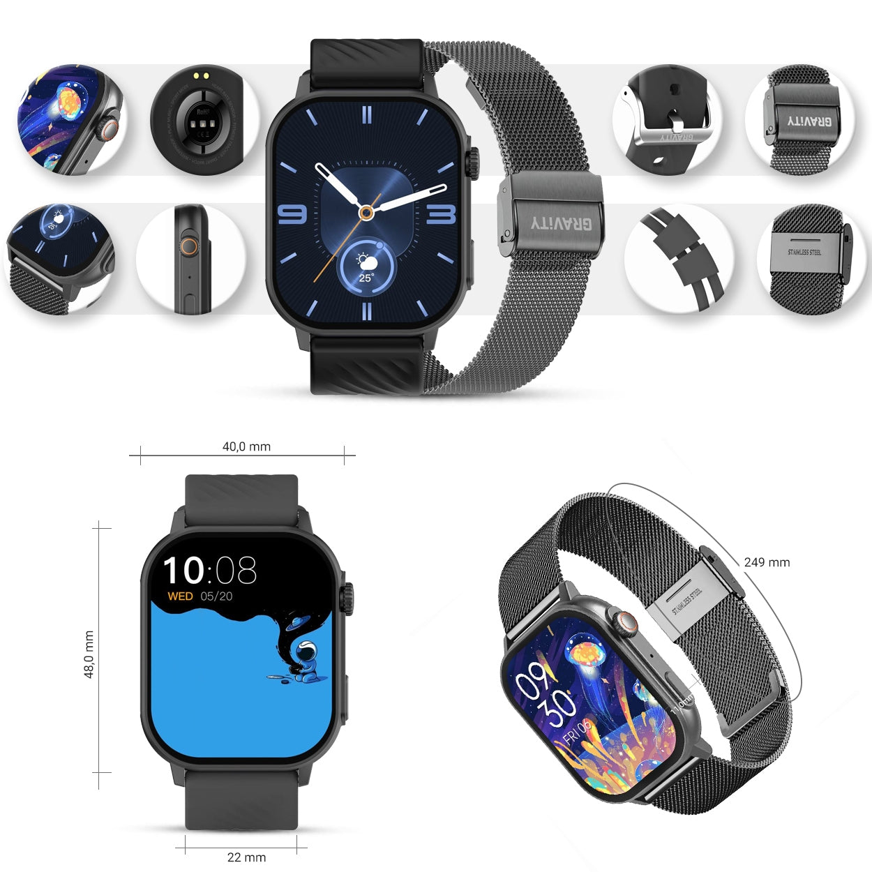 Smartwatch Gravity GT15-5 Czarny Pasek Silikonowy + Tytanowa Bransoleta – zdjęcie 11