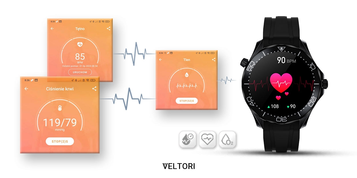 Smartwatch VELTORI VT150-1 Czarny Pasek Silikonowy + Czarna Bransoleta – zdjęcie 12
