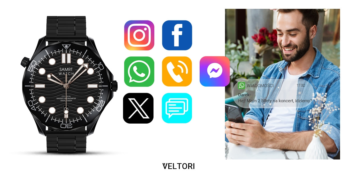 Smartwatch VELTORI VT150-1 Czarny Pasek Silikonowy + Czarna Bransoleta – zdjęcie 15