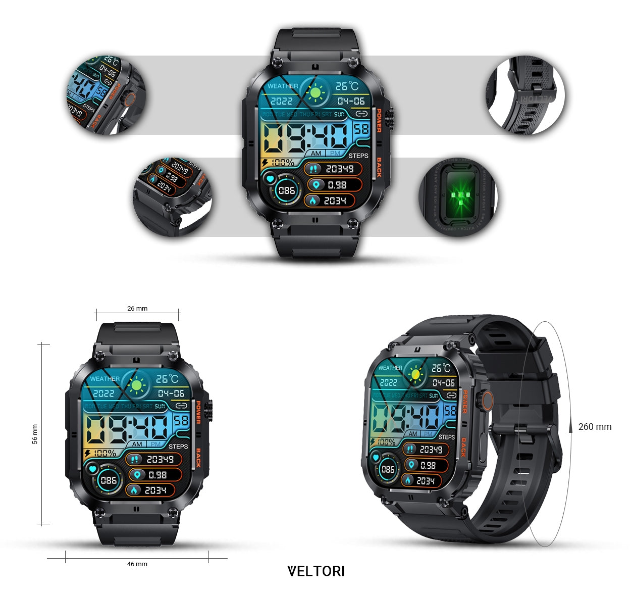 Smartwatch VELTORI VT200-1 Czarny Pasek Silikonowy – zdjęcie 10