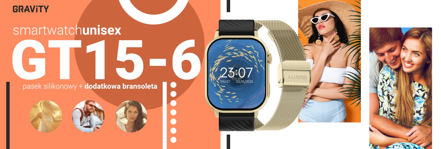 Smartwatch Gravity GT15-6 Czarny Pasek Silikonowy + Złota Bransoleta – zdjęcie 10