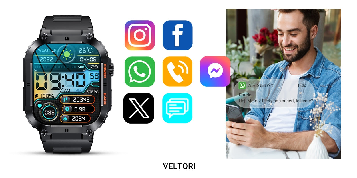Smartwatch VELTORI VT200-1 Czarny Pasek Silikonowy – zdjęcie 14