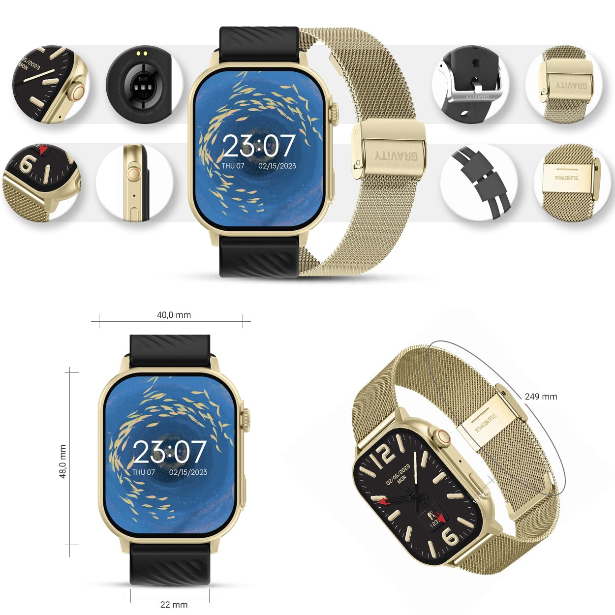 Smartwatch Gravity GT15-6 Czarny Pasek Silikonowy + Złota Bransoleta – zdjęcie 11