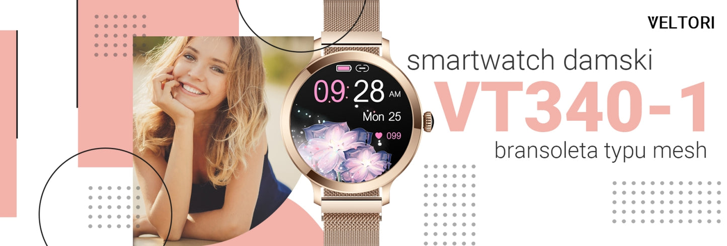 Smartwatch Damski VELTORI VT340-1 Złota Bransoleta + Różowy Pasek – zdjęcie 15