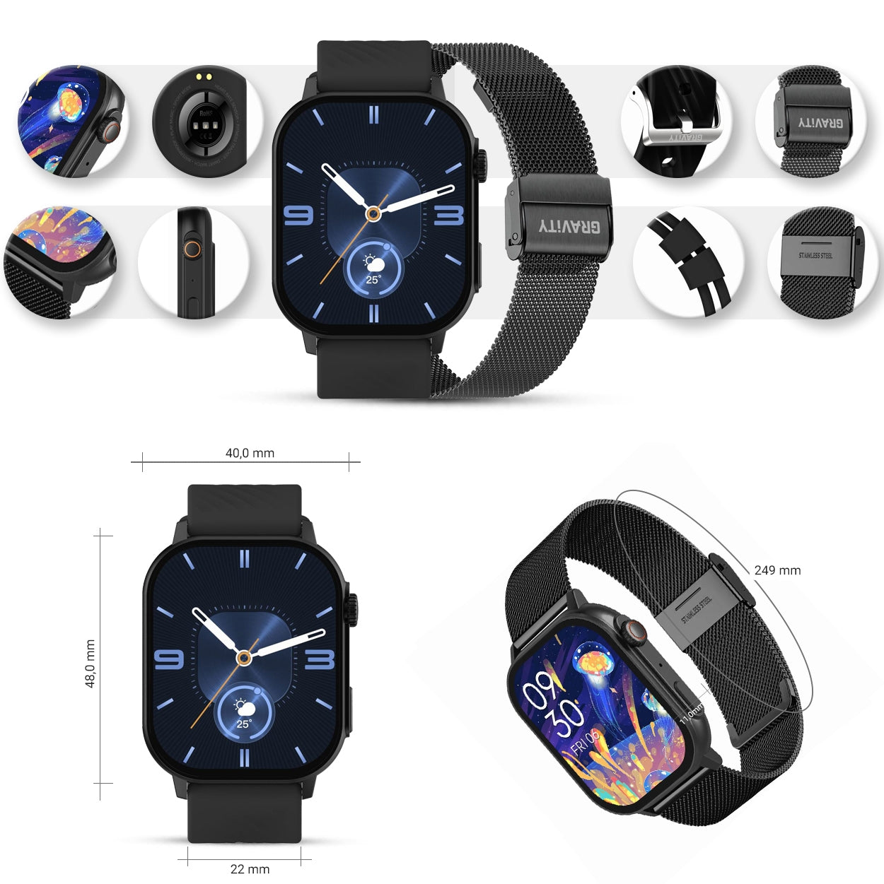 Smartwatch Gravity GT15-1 Czarny Pasek Silikonowy + Czarna Bransoleta – zdjęcie 11